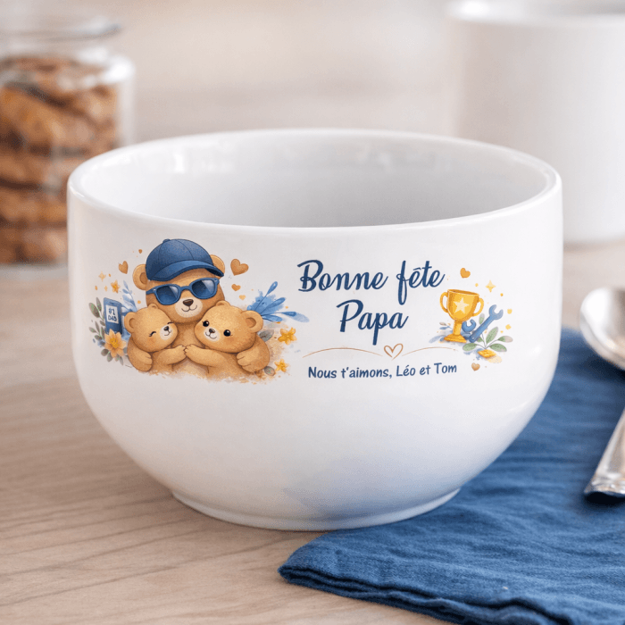 Bol en céramique personnalisé Ourson Homme – Cadeau Papa avec message au choix