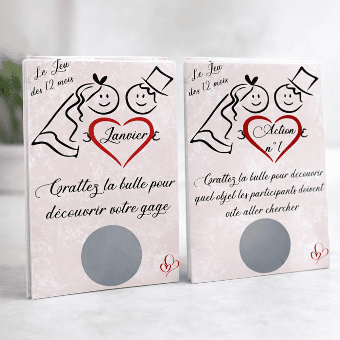 Jeu des 12 mois beige – 24 cartes à gratter pour animation de mariage