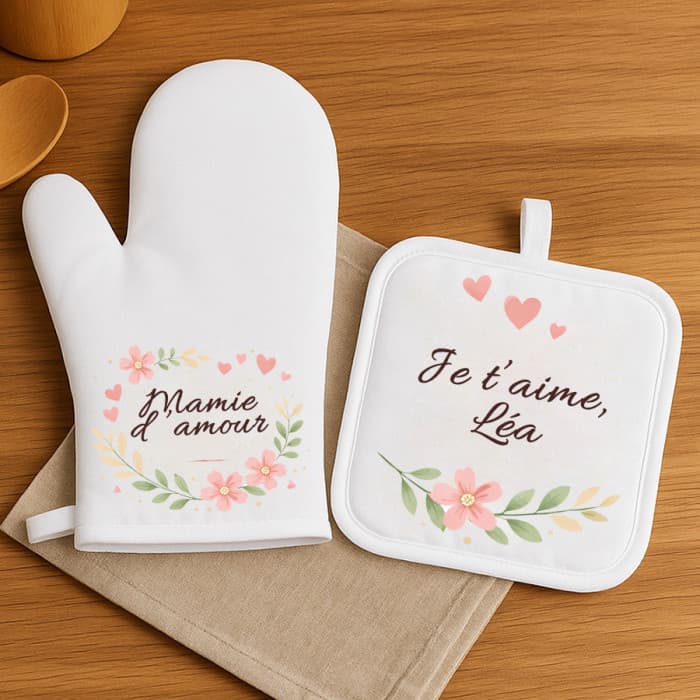 Duo gant et manique personnalisés fleurs - Cadeau mamie, nounous, maman