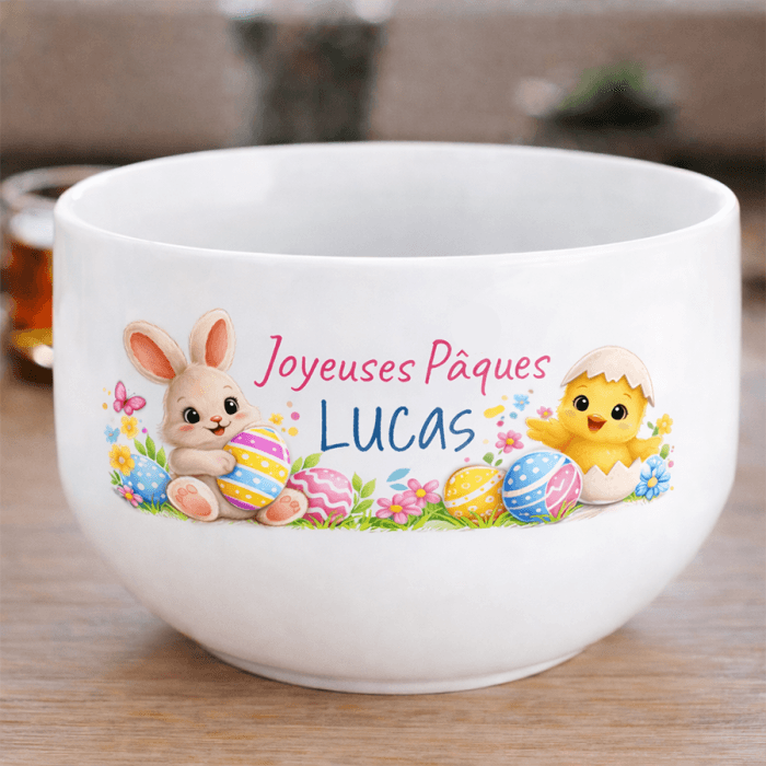 Bol personnalisé Pâques – Lapin, poussin et œufs colorés