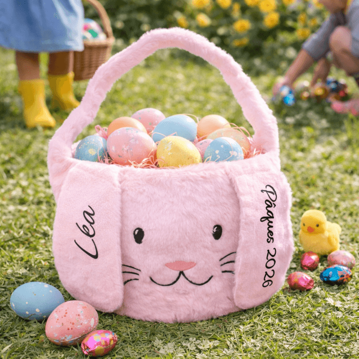 Panier de Pâques personnalisé enfant rose – Panier lapin avec prénom