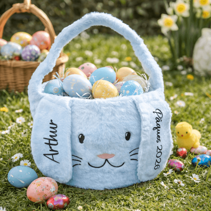 Panier de Pâques personnalisé enfant bleu – Panier lapin avec prénom