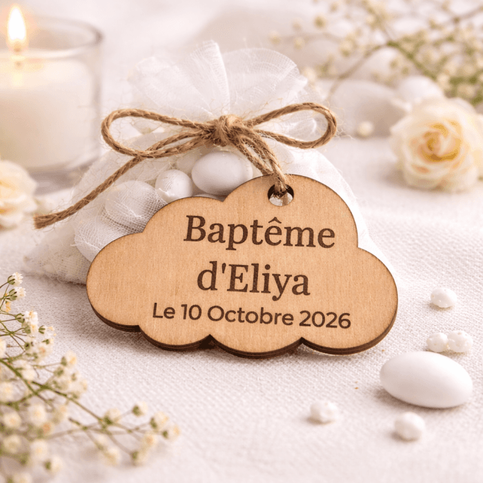 Étiquette en bois personnalisée nuage – Baptême, anniversaire, communion