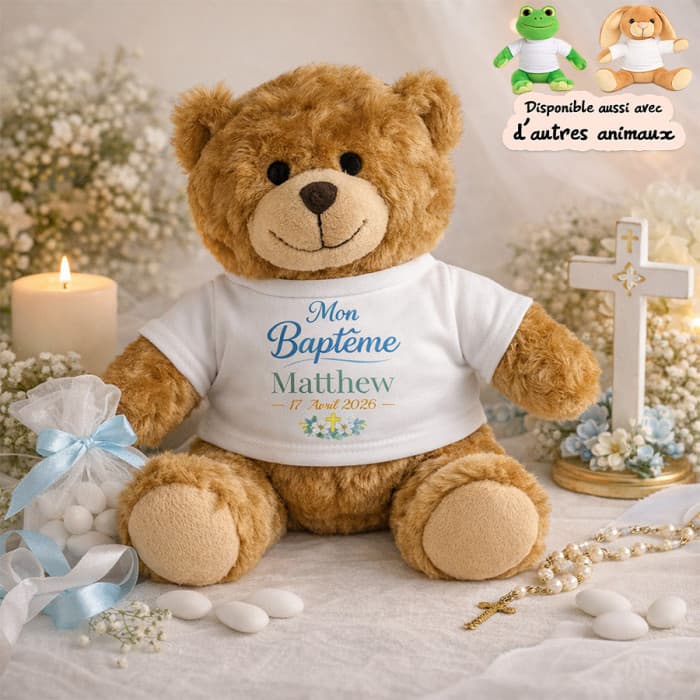Peluche baptême personnalisée avec prénom et date – Ourson, lapin ou grenouille