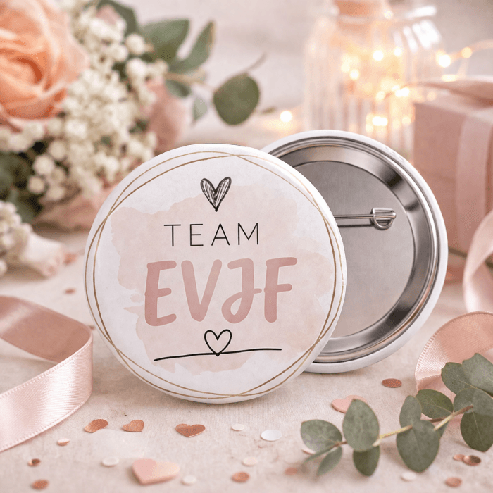 Badge Team EVJF – Badge Enterrement de Vie de Jeune Fille – Design Élégant Rose