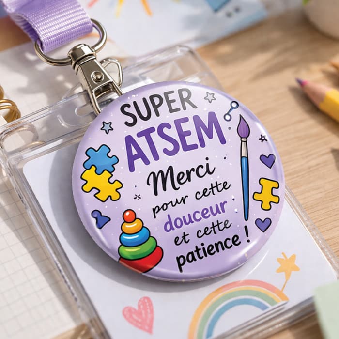 Badge, Magnet ou Porte-clé Super ATSEM - Cadeau personnalisé