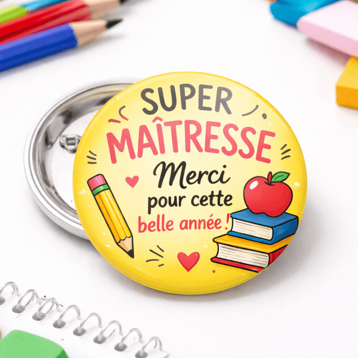 Badge, Magnet ou Porte-clé Super Maîtresse – Merci pour cette belle année