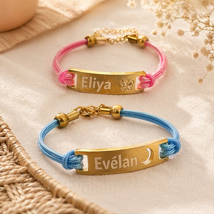 Bracelet enfant personnalisé gravé prénom – Gourmette réglable acier inoxydable rose ou bleu