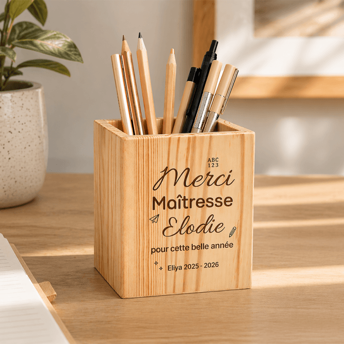 Pot à crayons en bois Merci personnalisable avec prénom et message