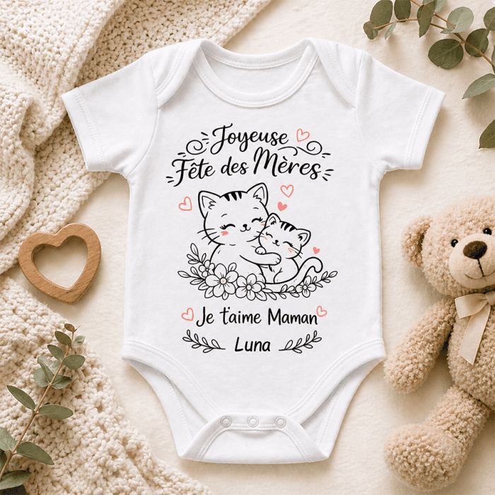 Body bébé personnalisé Fête des Mères avec prénom – chat