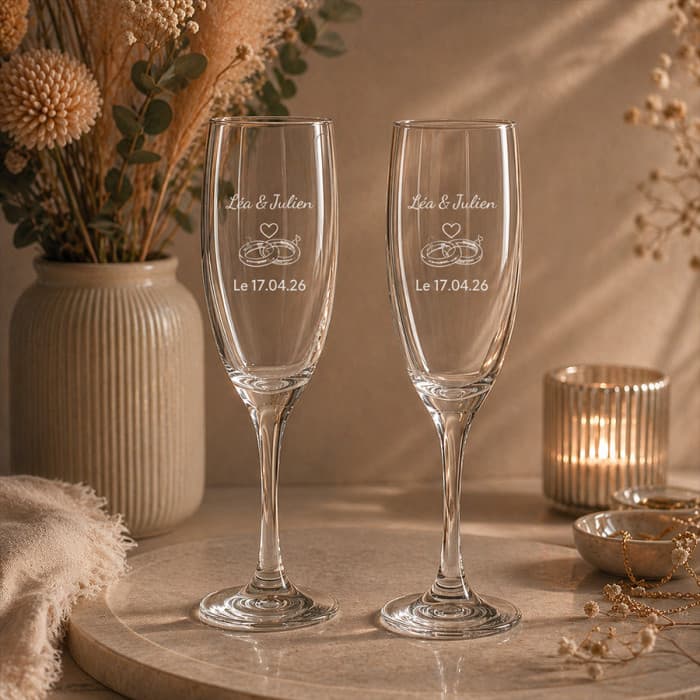 Duo de flûtes à champagne personnalisées 190 ml – Gravure prénoms et date