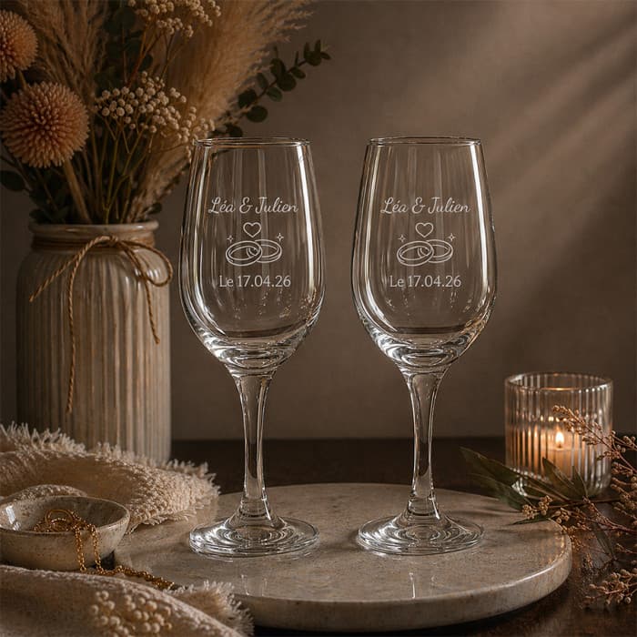 Duo de verres à vin personnalisés 315 ml – Gravure prénoms et date