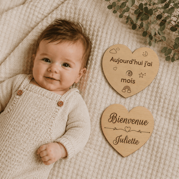 Carte étape bébé en bois personnalisable cœur rotatif