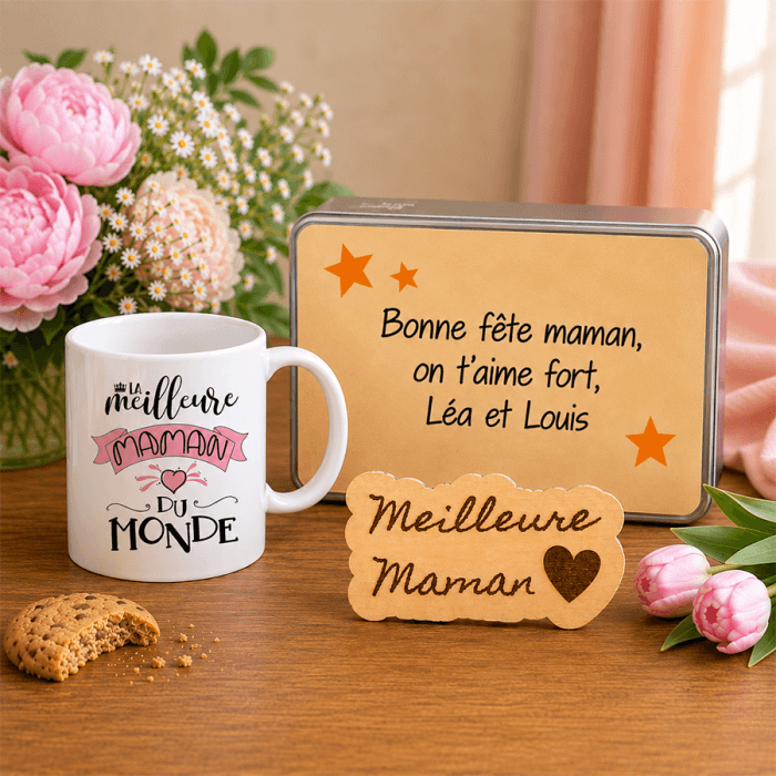 Pack cadeau maman – Boîte à biscuits personnalisable, mug et magnet en bois