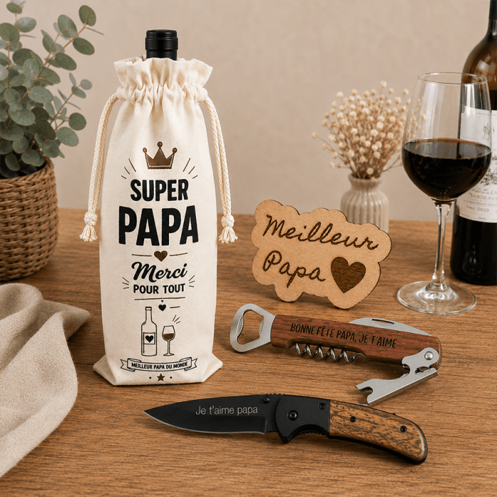 Pack cadeau papa – Sac à bouteille, canif et tire-bouchon personnalisables avec magnet bois