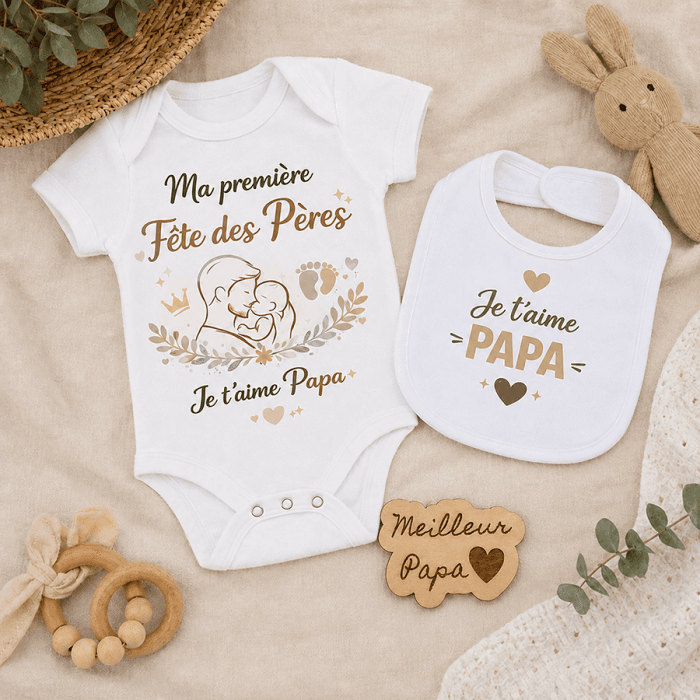 Pack bébé première Fête des Pères – Body bébé, bavoir et magnet “Meilleur Papa”
