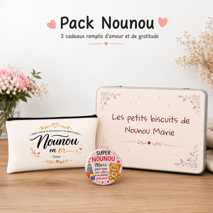 Pack cadeau nounou – Trousse personnalisable, boîte à biscuits personnalisable et badge
