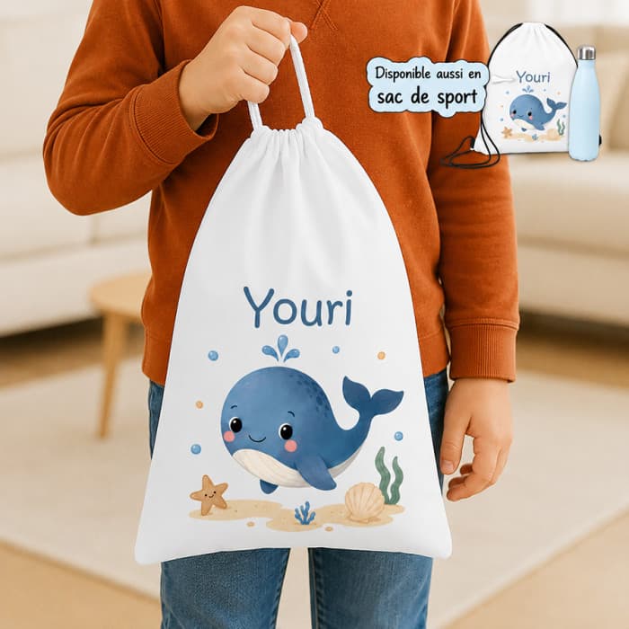 Sac à doudou ou sac de gym personnalisé modèle baleine