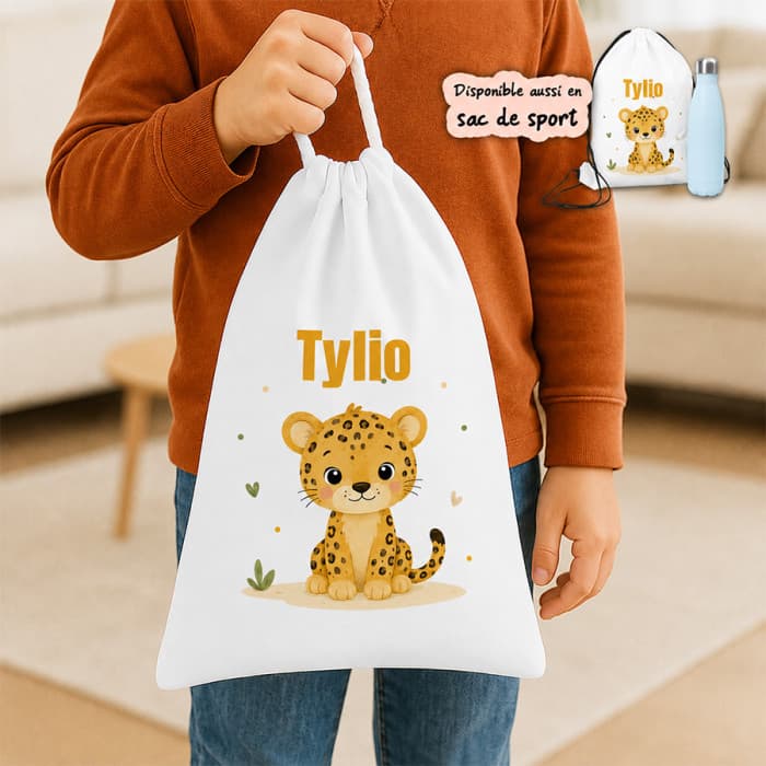 Sac à doudou ou sac de gym personnalisé modèle léopard