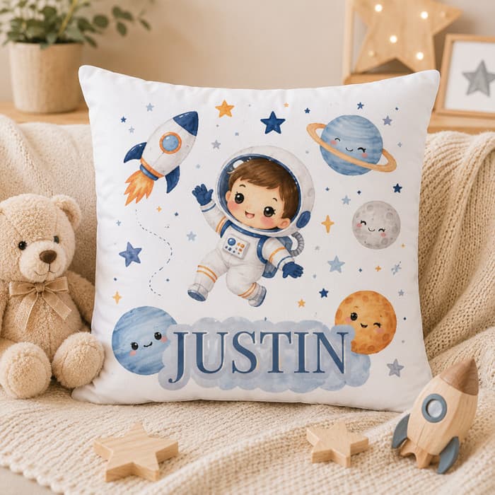 Coussin personnalisé enfant Espace avec prénom – 40 x 40 cm