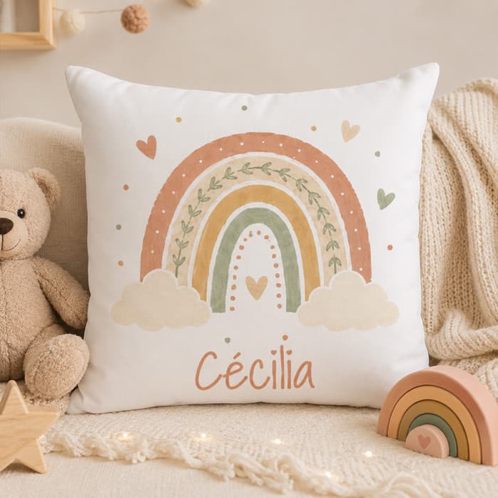 Coussin personnalisé enfant Arc-en-ciel avec prénom – 40 x 40 cm