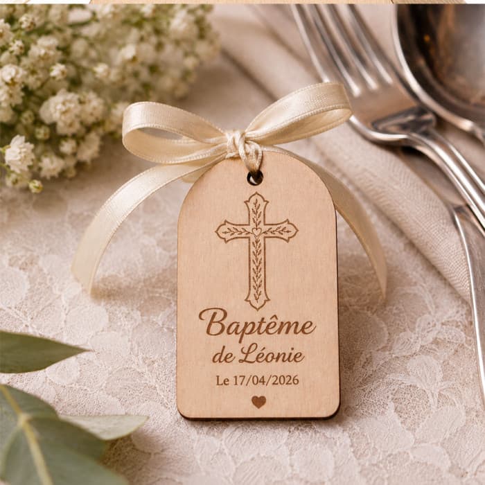 Étiquette en bois personnalisée pour mariage et baptême - Modèle croix