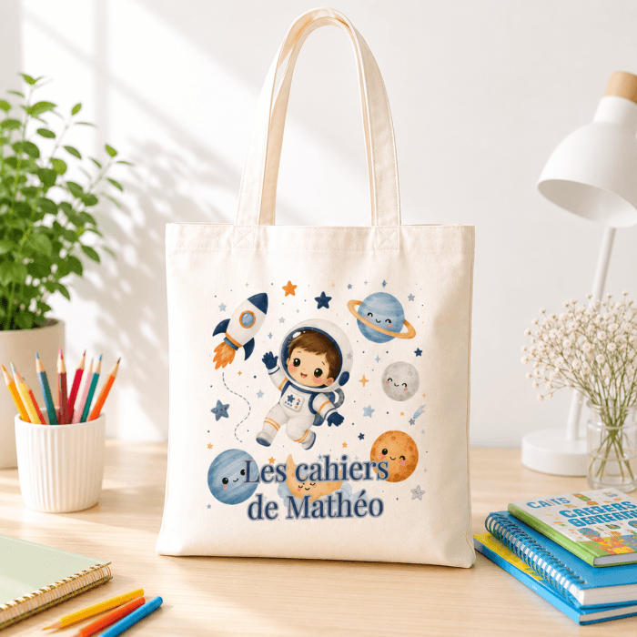 Sac à cahiers personnalisé Espace avec prénom – Tote bag école