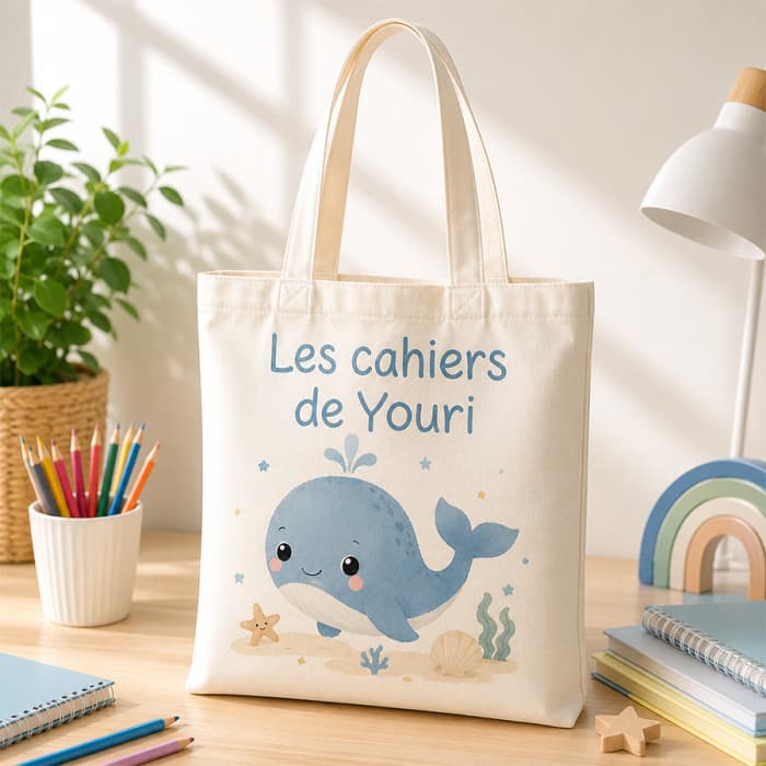 Sac à cahiers personnalisé Baleine avec prénom – Tote bag école