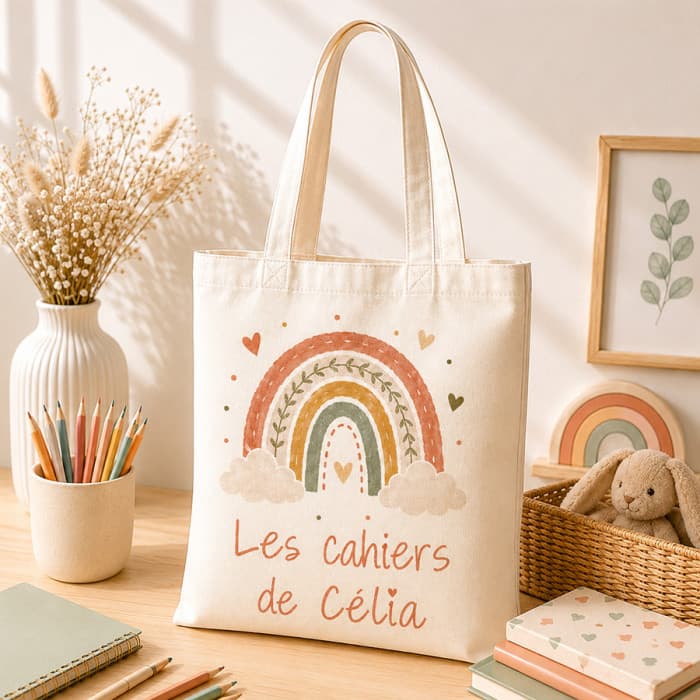 Sac à cahiers personnalisé Arc-en-ciel avec prénom – Tote bag école