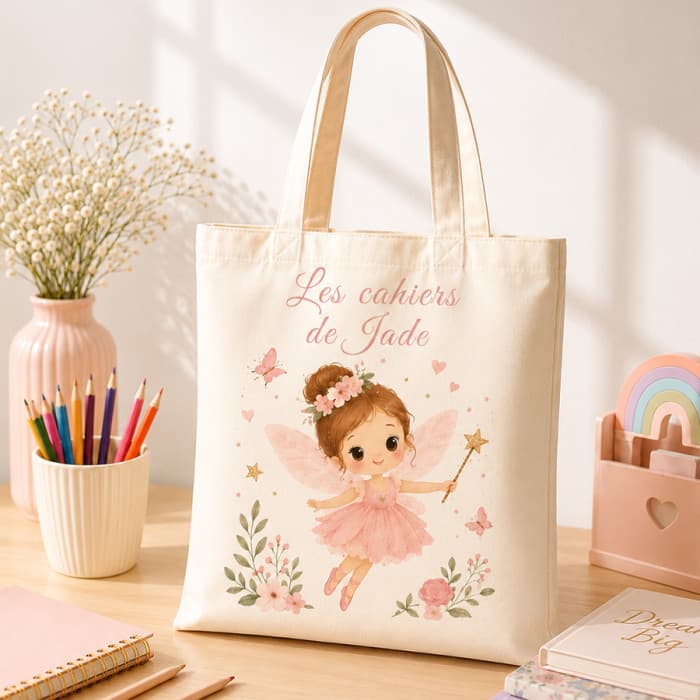 Sac à cahiers personnalisé Fée avec prénom – Tote bag école