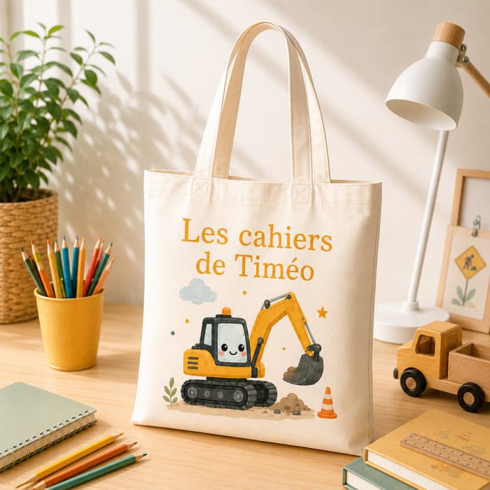 Sac à cahiers personnalisé Grue avec prénom – Tote bag école