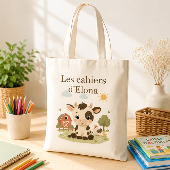 Sac à cahiers personnalisé Ferme avec prénom – Tote bag école