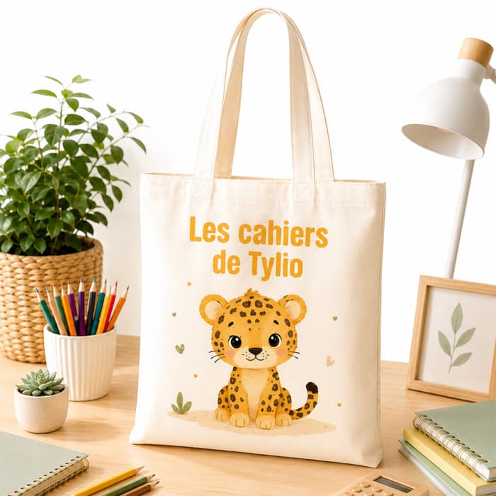 Sac à cahiers personnalisé Léopard avec prénom – Tote bag école