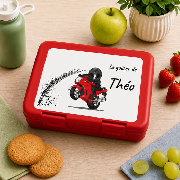 Boîte à goûter personnalisée Moto avec prénom