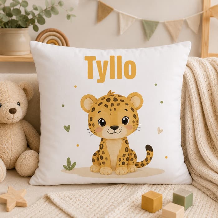 Coussin personnalisé enfant Léopard avec prénom – 40 x 40 cm