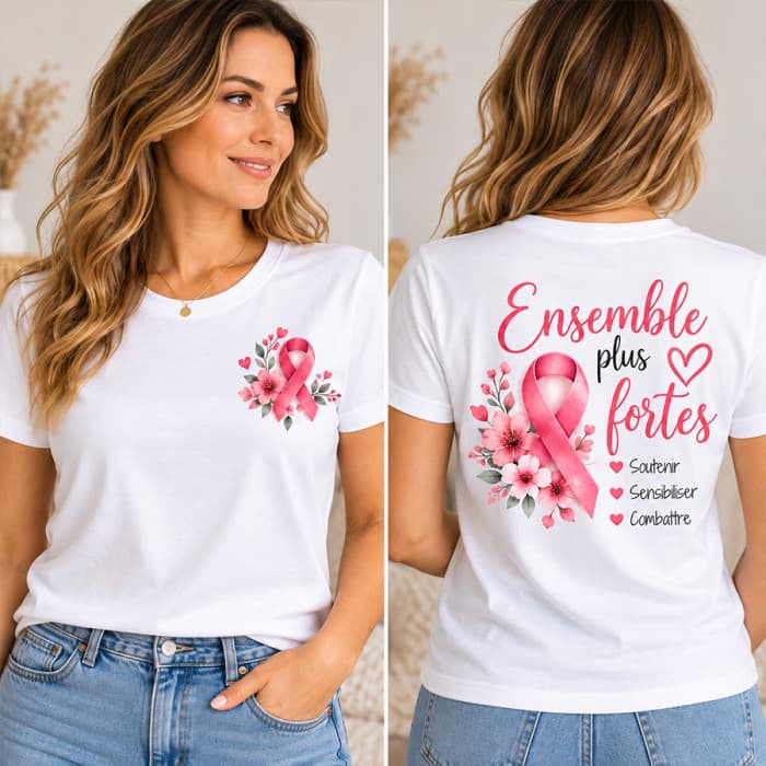 T-shirt Octobre Rose femme recto verso « Ensemble plus fortes » – Ruban rose fleuri