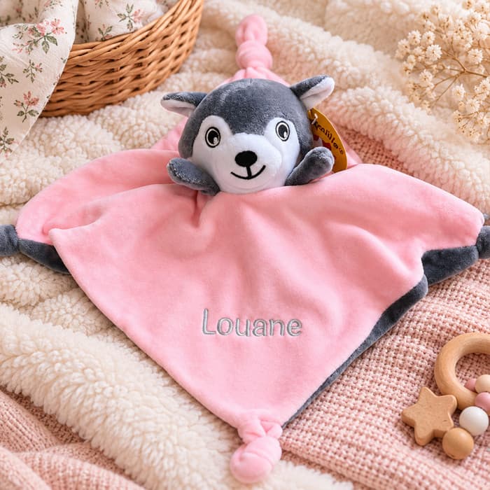 Doudou brodé avec prénom husky rose