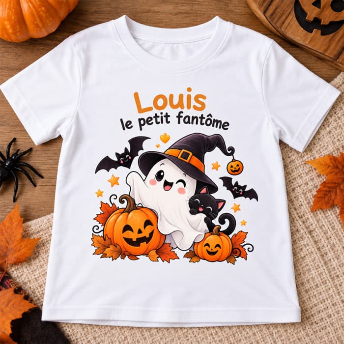 T-shirt Halloween enfant personnalisé avec prénom – Petit fantôme et citrouilles