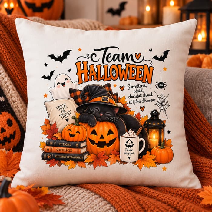 Coussin Halloween « Team Halloween » – Chat noir, citrouilles et fantôme