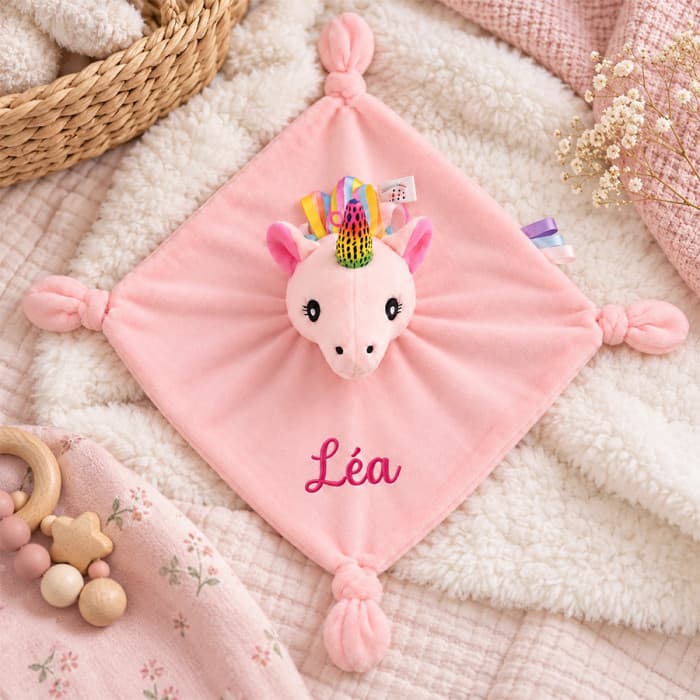 Doudou licorne rose personnalisé avec prénom brodé et grelot