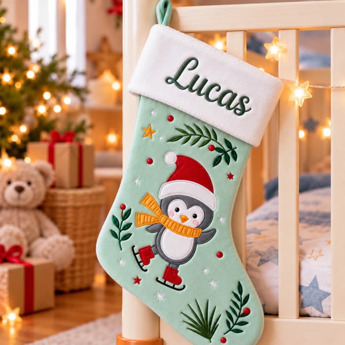 Chaussette de Noël pingouin verte personnalisée avec prénom brodé