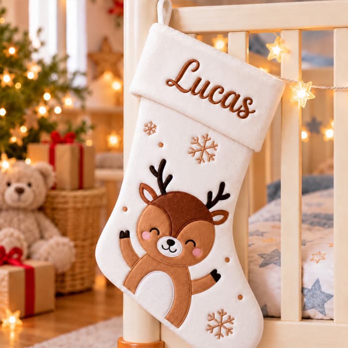 Chaussette de Noël renne blanche personnalisée avec prénom brodé