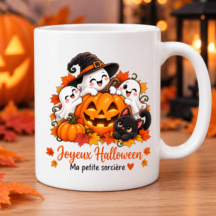 Mug Halloween personnalisable avec message – Fantômes, citrouille et chat noir