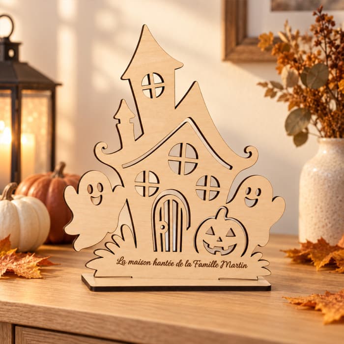 Maison hantée Halloween en bois personnalisée avec message