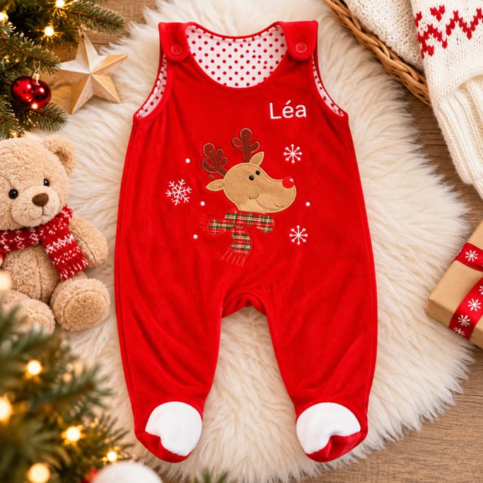 Grenouillère de Noël bébé Renne personnalisée avec prénom brodé