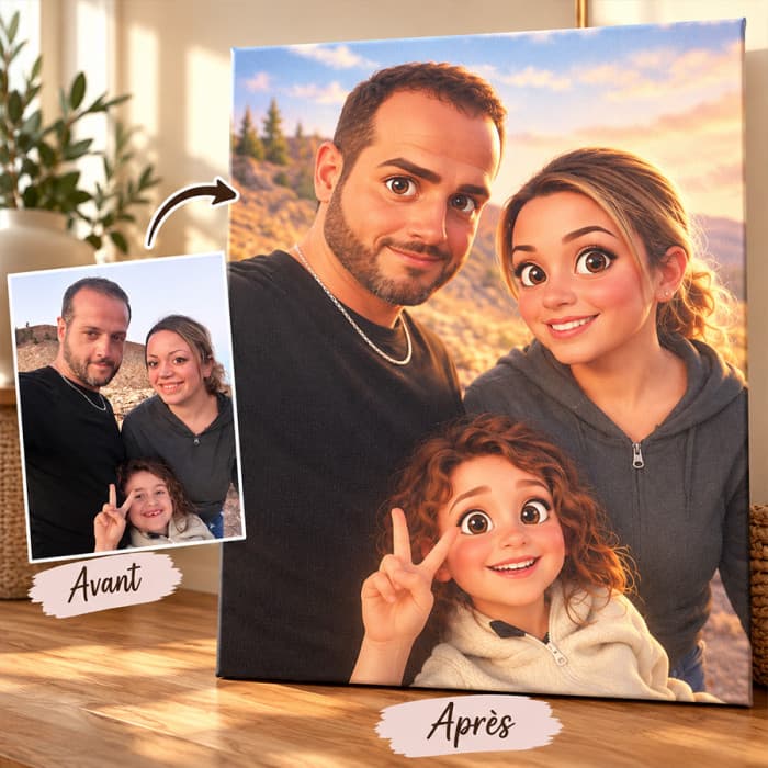 Toile photo personnalisée effet dessin animé 3D – Portrait famille, couple ou enfant