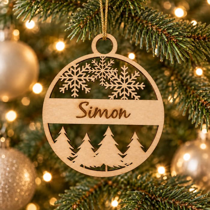 Boule de Noël Sapins et Flocons personnalisée en bois