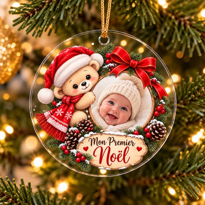 Boule de Noël personnalisée avec photo bébé – Ourson Mon Premier Noël