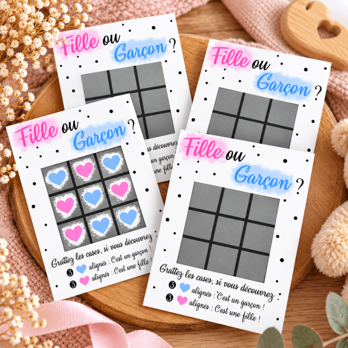 Lot de 4 cartes à gratter morpion garçon – Annonce originale du sexe de bébé