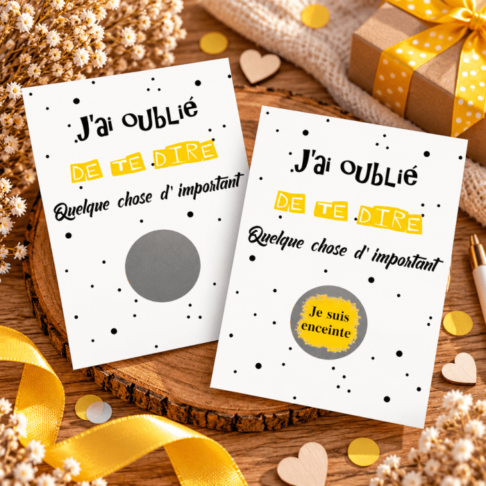 Carte à gratter personnalisable jaune – Texte de votre choix "J'ai oublié de te dire quelque chose"